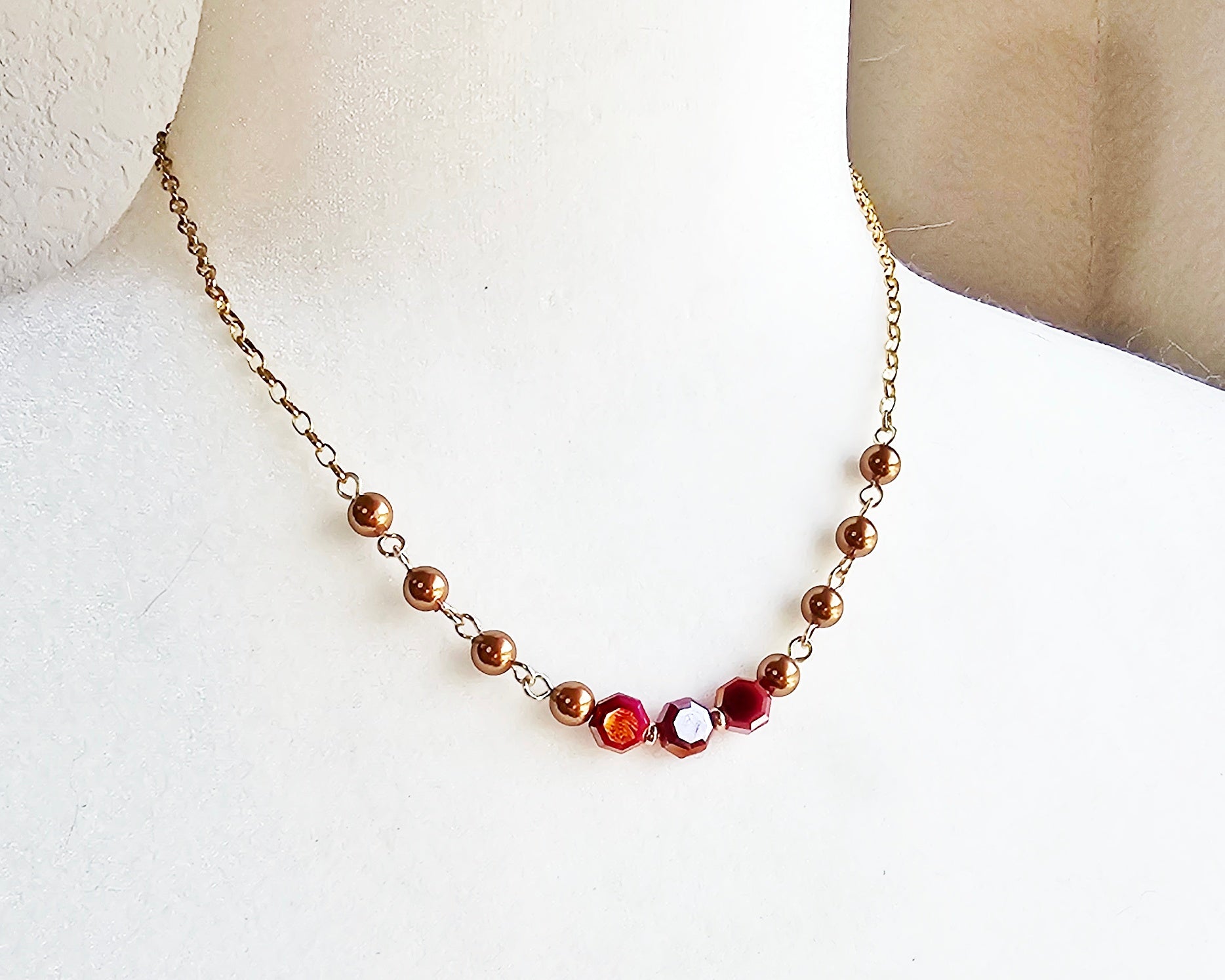 Gold Pearl and Red Crystal Choker