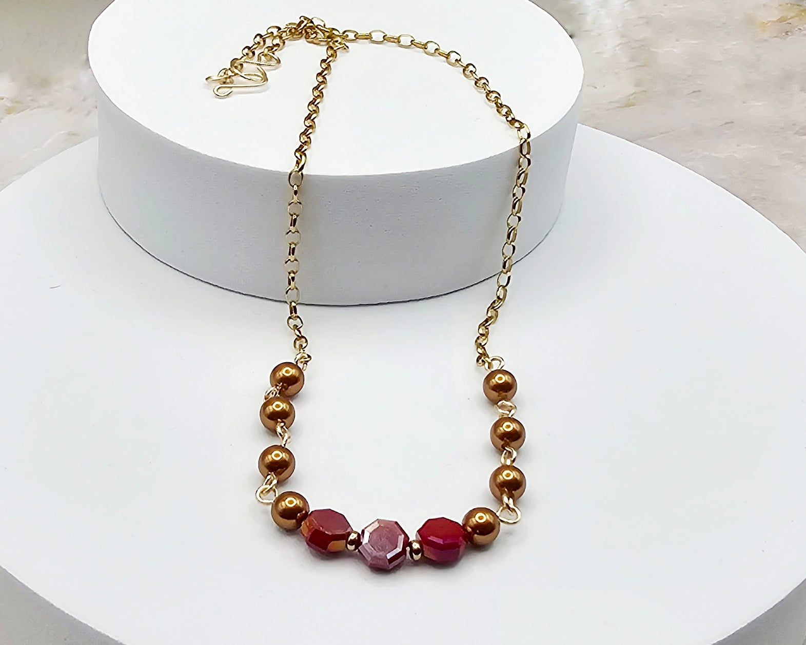 Gold Pearl and Red Crystal Choker
