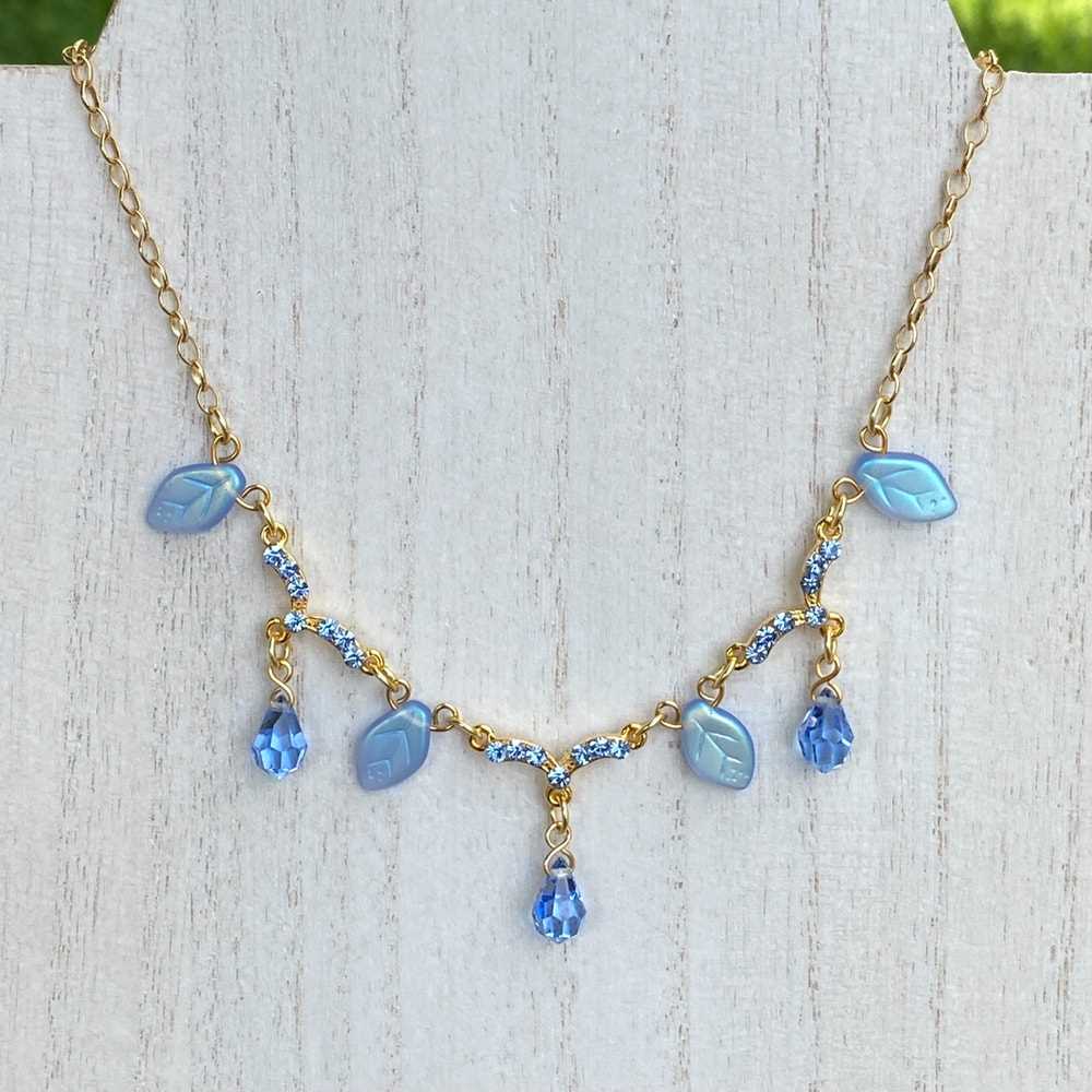 Blue Sapphire Crystal Leaf Necklace, 16 Inches Long