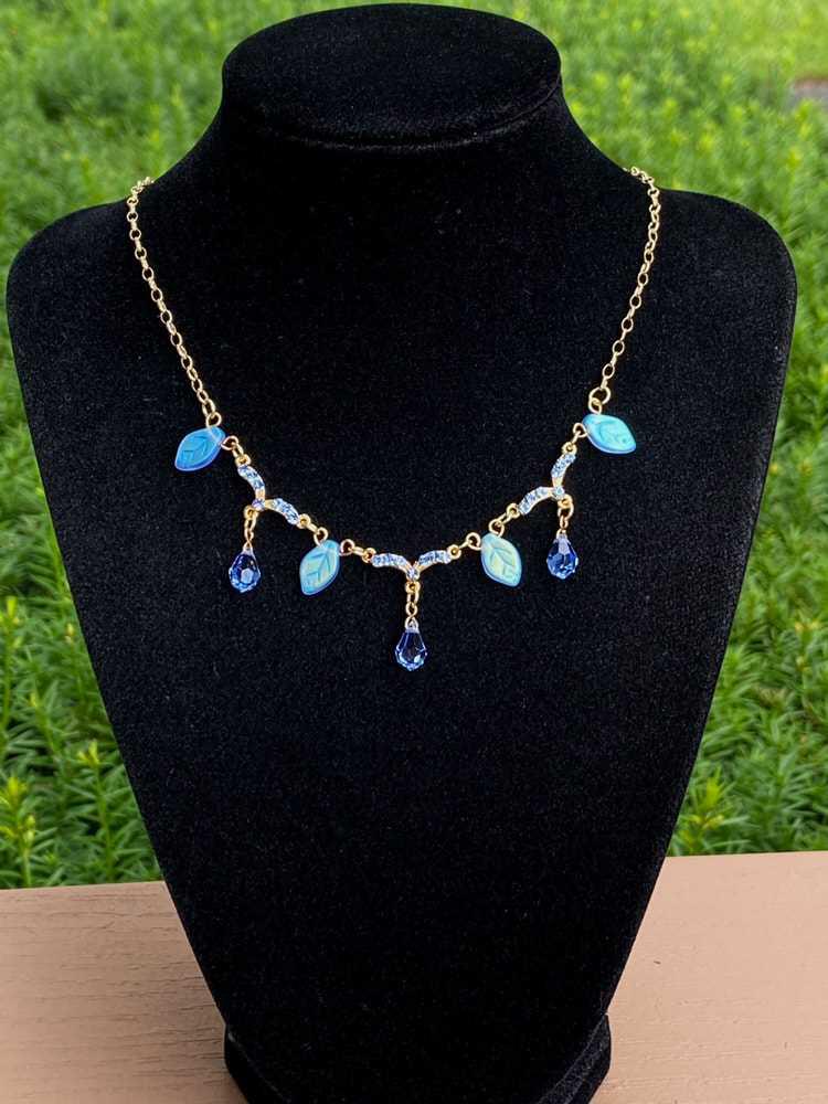 Blue Sapphire Crystal Leaf Necklace, 16 Inches Long