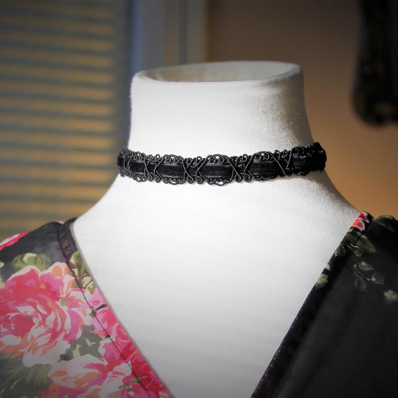 Black Velvet Choker. Lovely adjustable choker with lobster claw clasp. 13.5-15.5 inch long × 5/8 inch wide