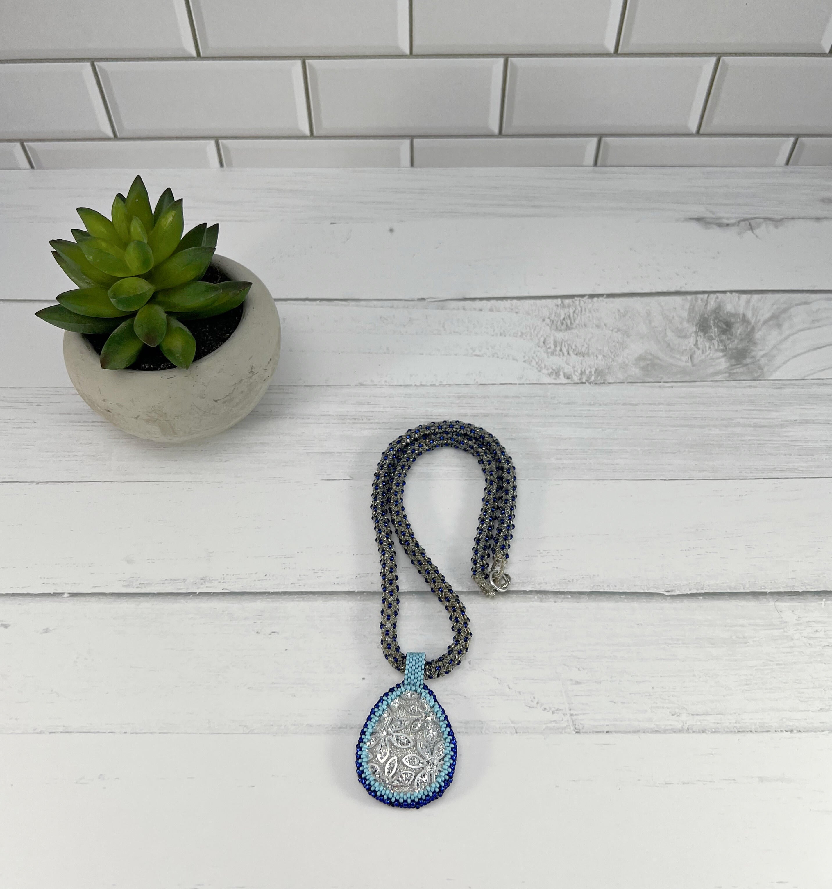 Beaded Necklace with Silver Acrylic Pendant, Chenille Stitch Bead Work, 19 Inch