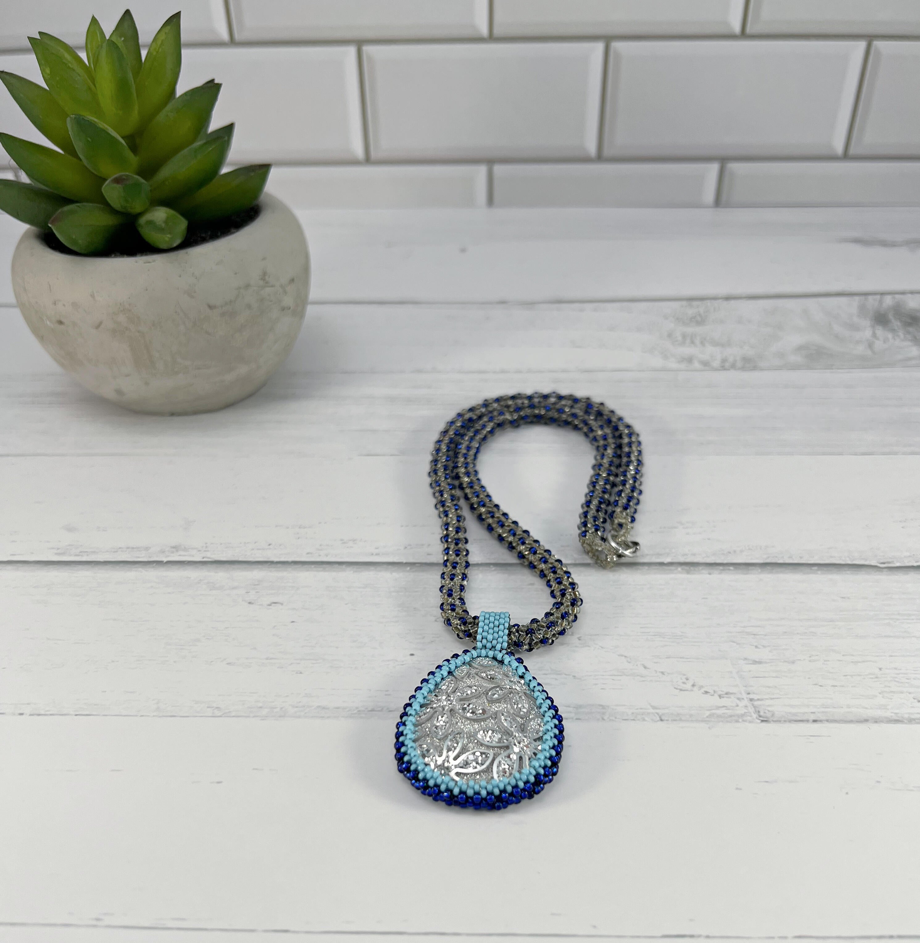 Beaded Necklace with Silver Acrylic Pendant, Chenille Stitch Bead Work, 19 Inch