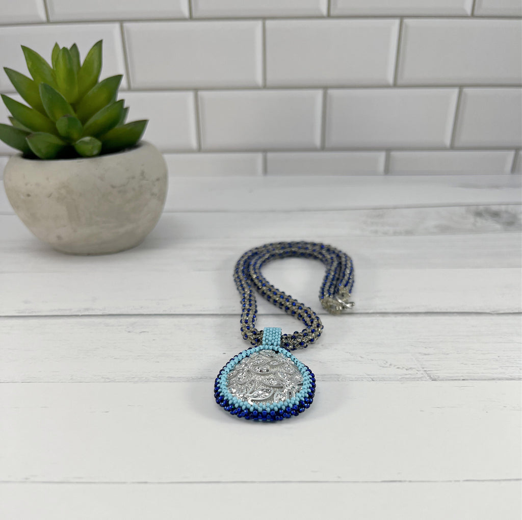 Beaded Necklace with Silver Acrylic Pendant, Chenille Stitch Bead Work, 19 Inch