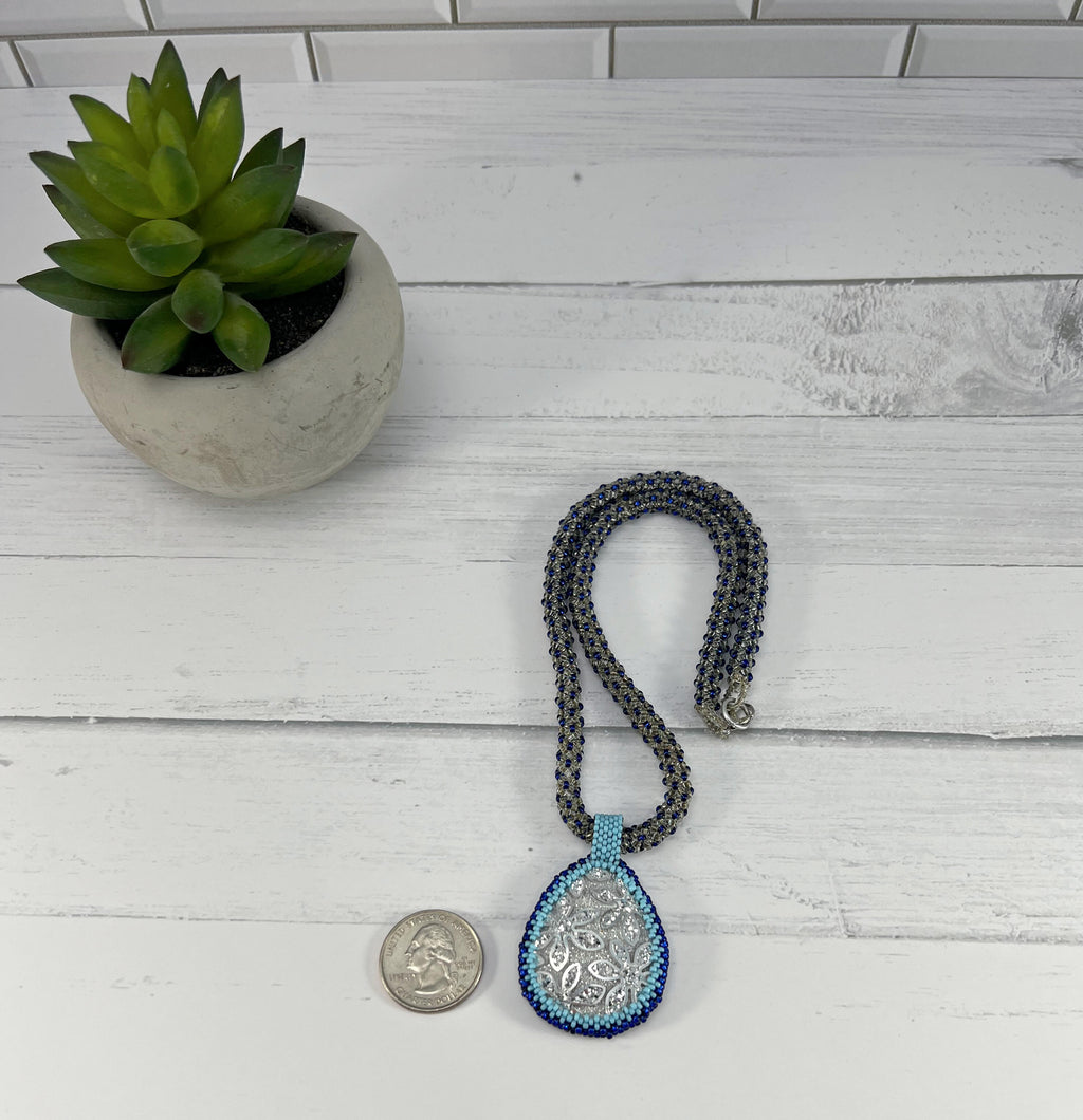 Beaded Necklace with Silver Acrylic Pendant, Chenille Stitch Bead Work, 19 Inch