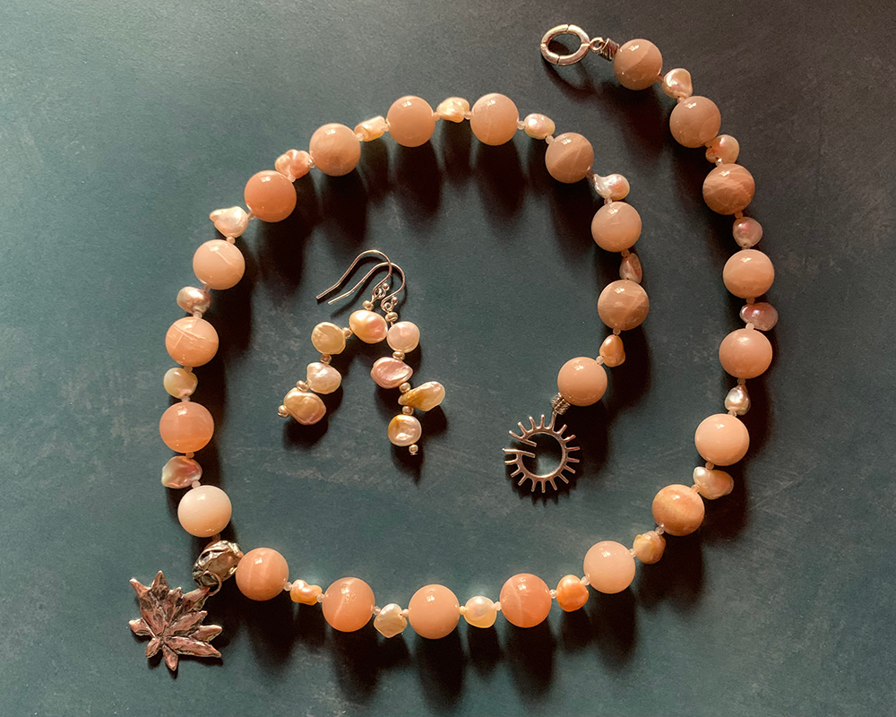Necklace set | Moonstone freshwater pearls rutilated quartz spacers sterling lotus pendant sterling solstice clasp