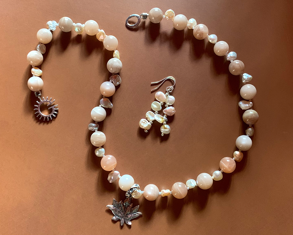 Necklace set | Moonstone freshwater pearls rutilated quartz spacers sterling lotus pendant sterling solstice clasp