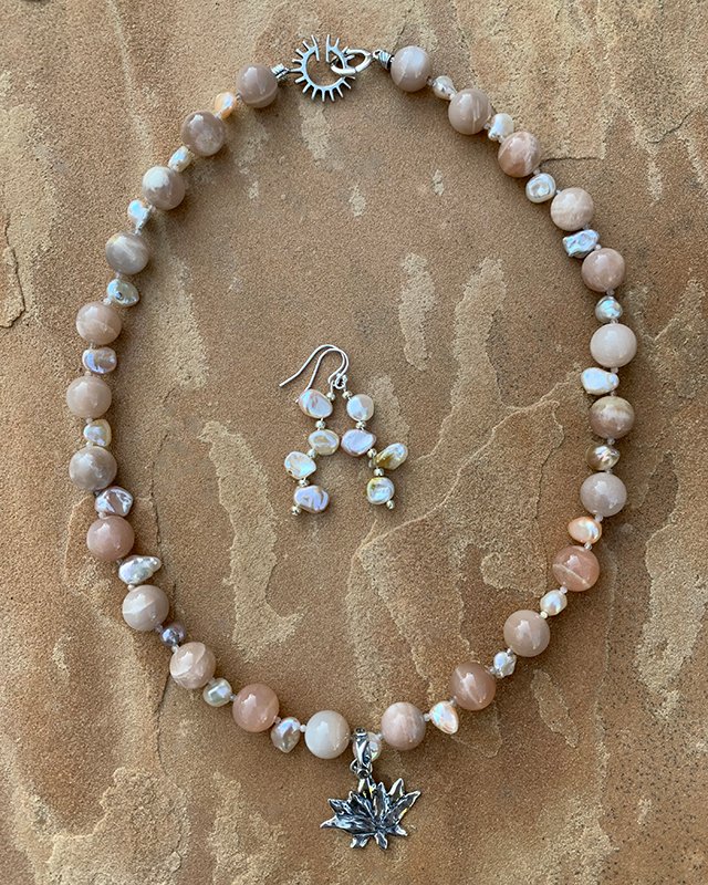 Necklace set | Moonstone freshwater pearls rutilated quartz spacers sterling lotus pendant sterling solstice clasp