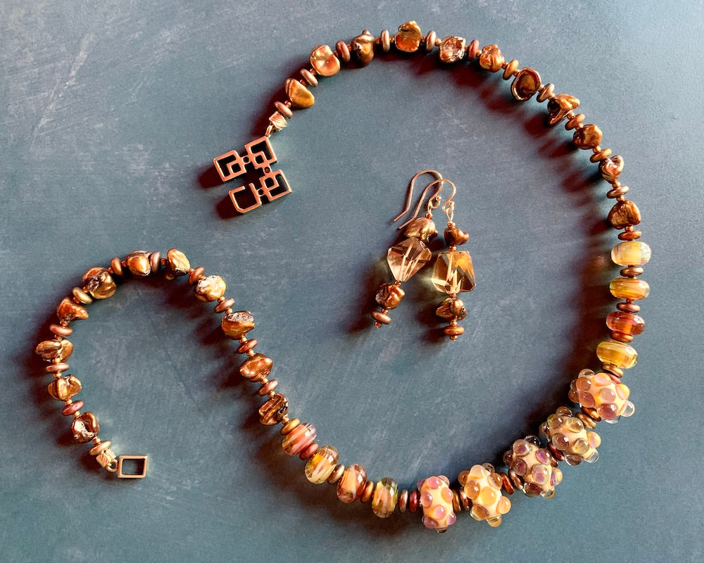 Necklace set | artisan lampwork beads, cornflake freshwater pearls, citrine nuggets, bronze puzzle clasp