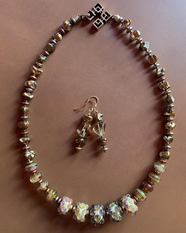 Necklace set | artisan lampwork beads, cornflake freshwater pearls, citrine nuggets, bronze puzzle clasp