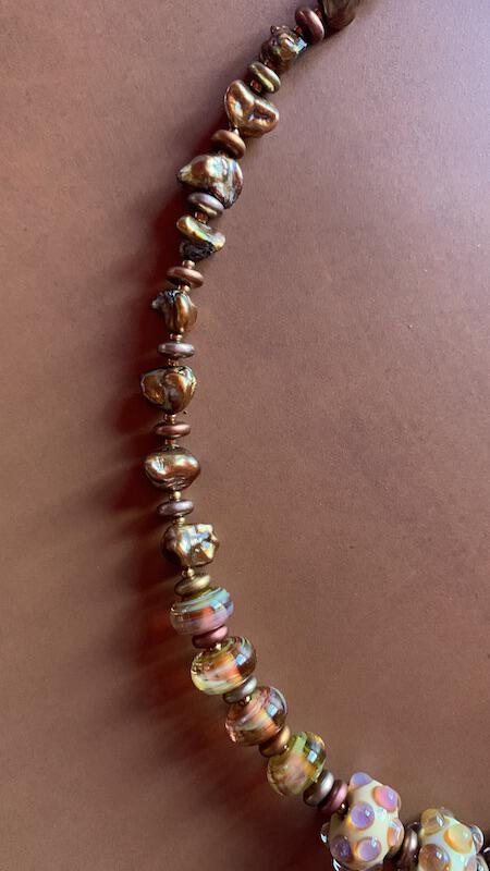 Necklace set | artisan lampwork beads, cornflake freshwater pearls, citrine nuggets, bronze puzzle clasp