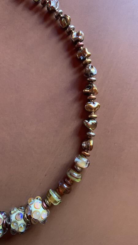 Necklace set | artisan lampwork beads, cornflake freshwater pearls, citrine nuggets, bronze puzzle clasp