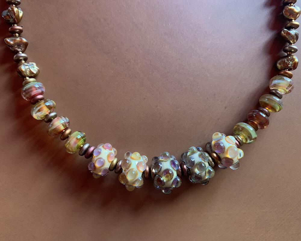 Necklace set | artisan lampwork beads, cornflake freshwater pearls, citrine nuggets, bronze puzzle clasp