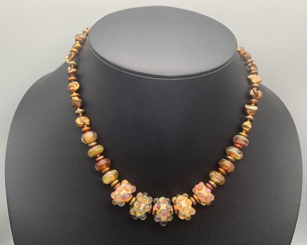 Necklace set | artisan lampwork beads, cornflake freshwater pearls, citrine nuggets, bronze puzzle clasp