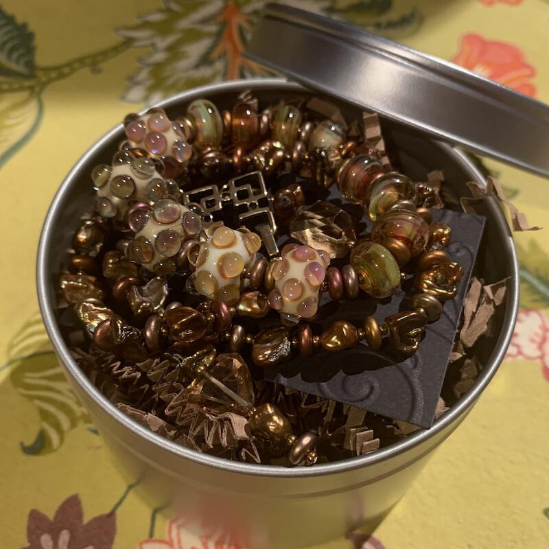 Necklace set | artisan lampwork beads, cornflake freshwater pearls, citrine nuggets, bronze puzzle clasp