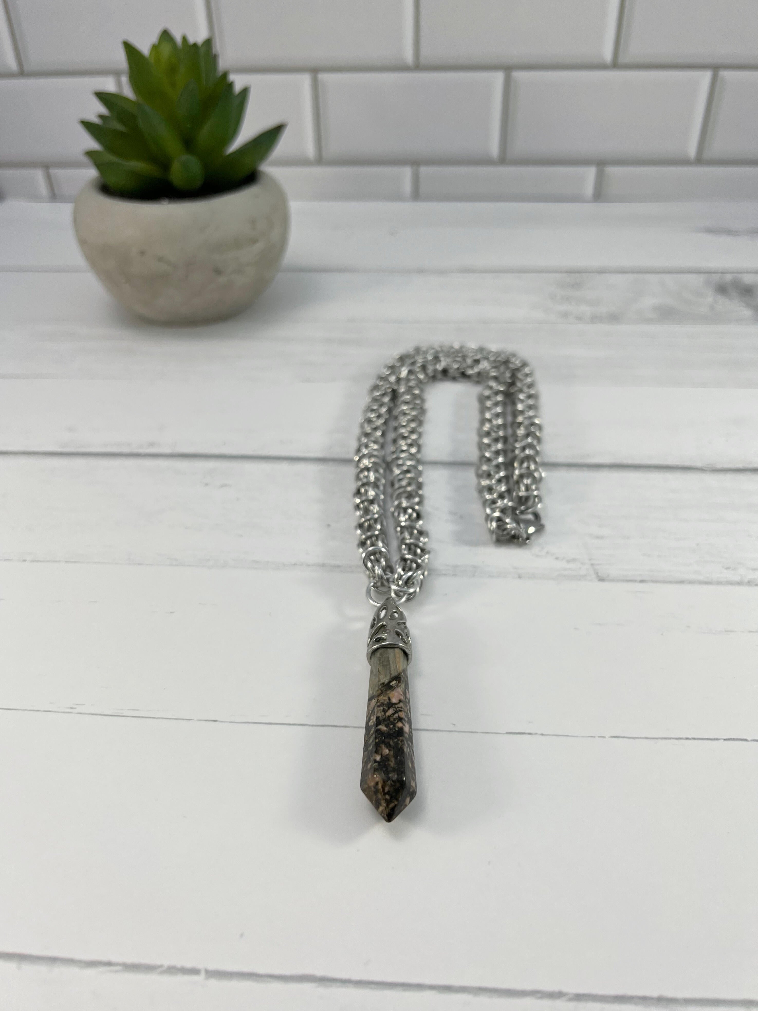 Jasper Pendant Necklace, Elfweave Chainmaille, 18-26 Inch