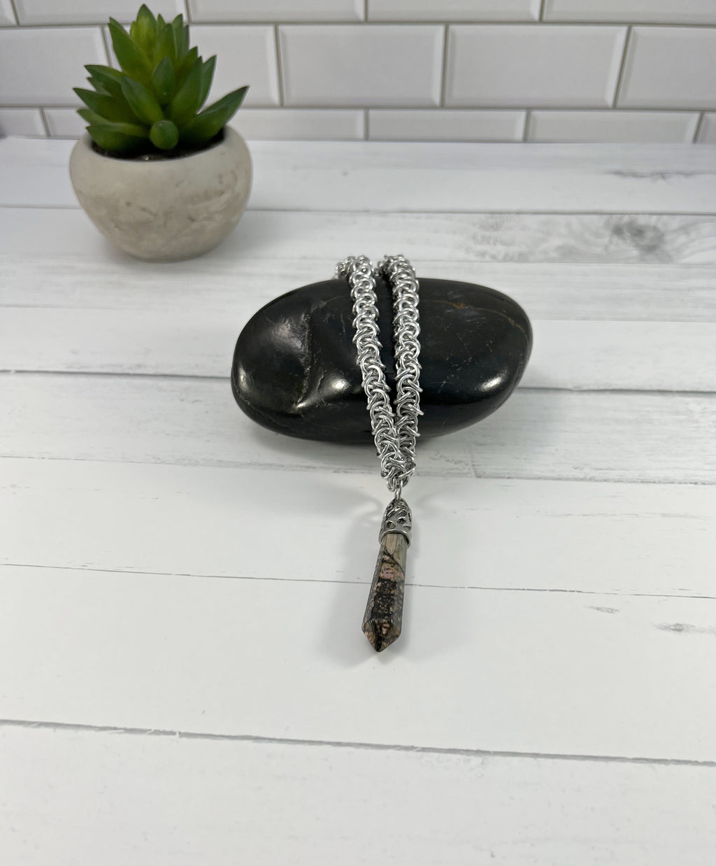 Jasper Pendant Necklace, Elfweave Chainmaille, 18-26 Inch