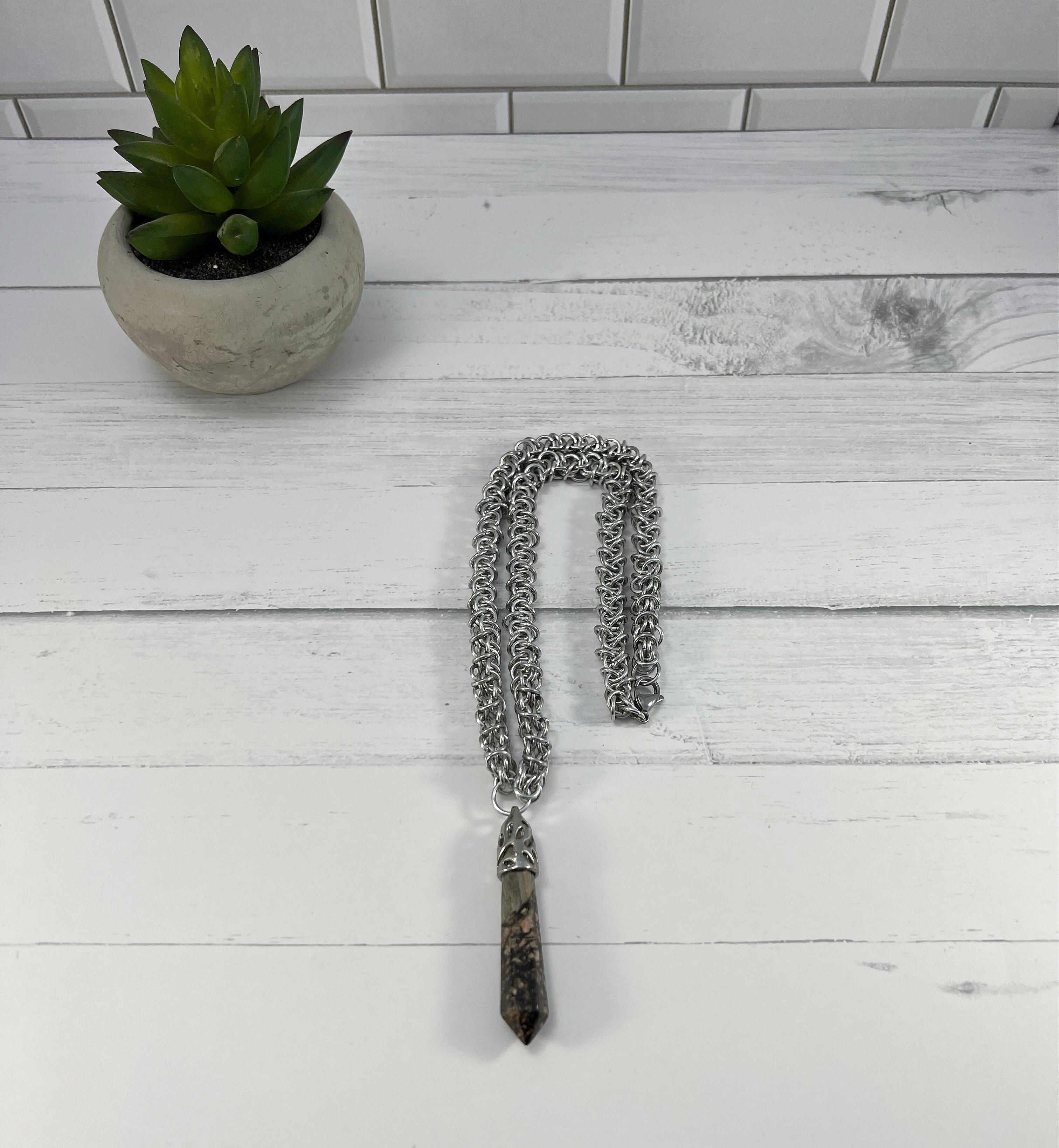 Jasper Pendant Necklace, Elfweave Chainmaille, 18-26 Inch