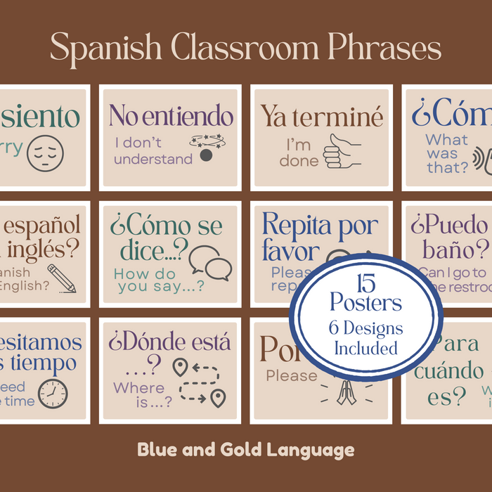 Spanish Class Bulletin Board Printable: Classroom Phrases ~ Set of 15 ~ Boho ~ 6 Designs Included ~ Class Display, Decor