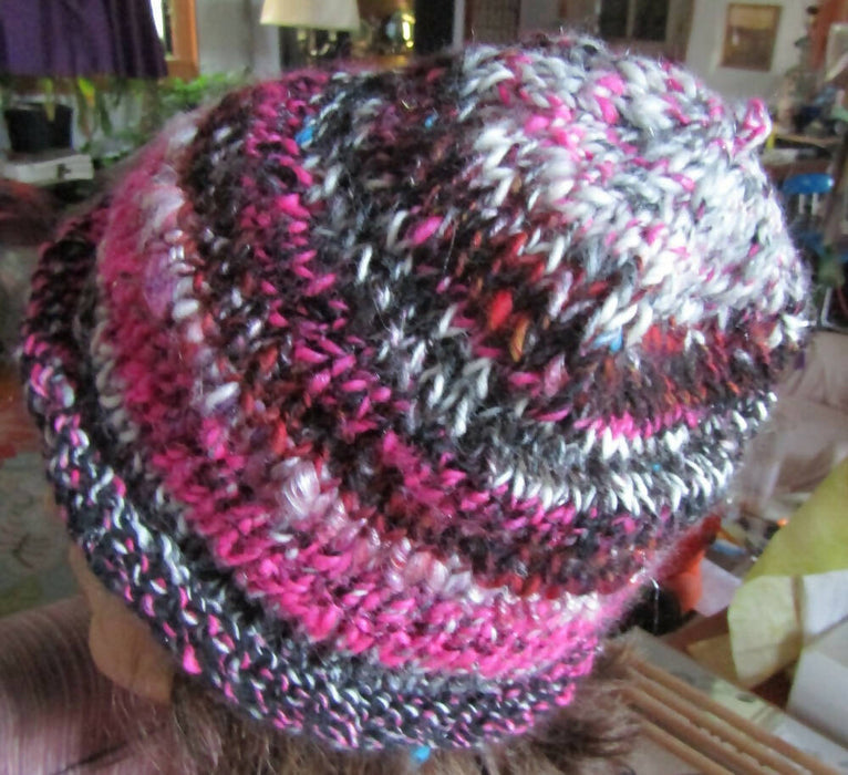Handspun Handknit Hat in Hot Pink Black White Wool