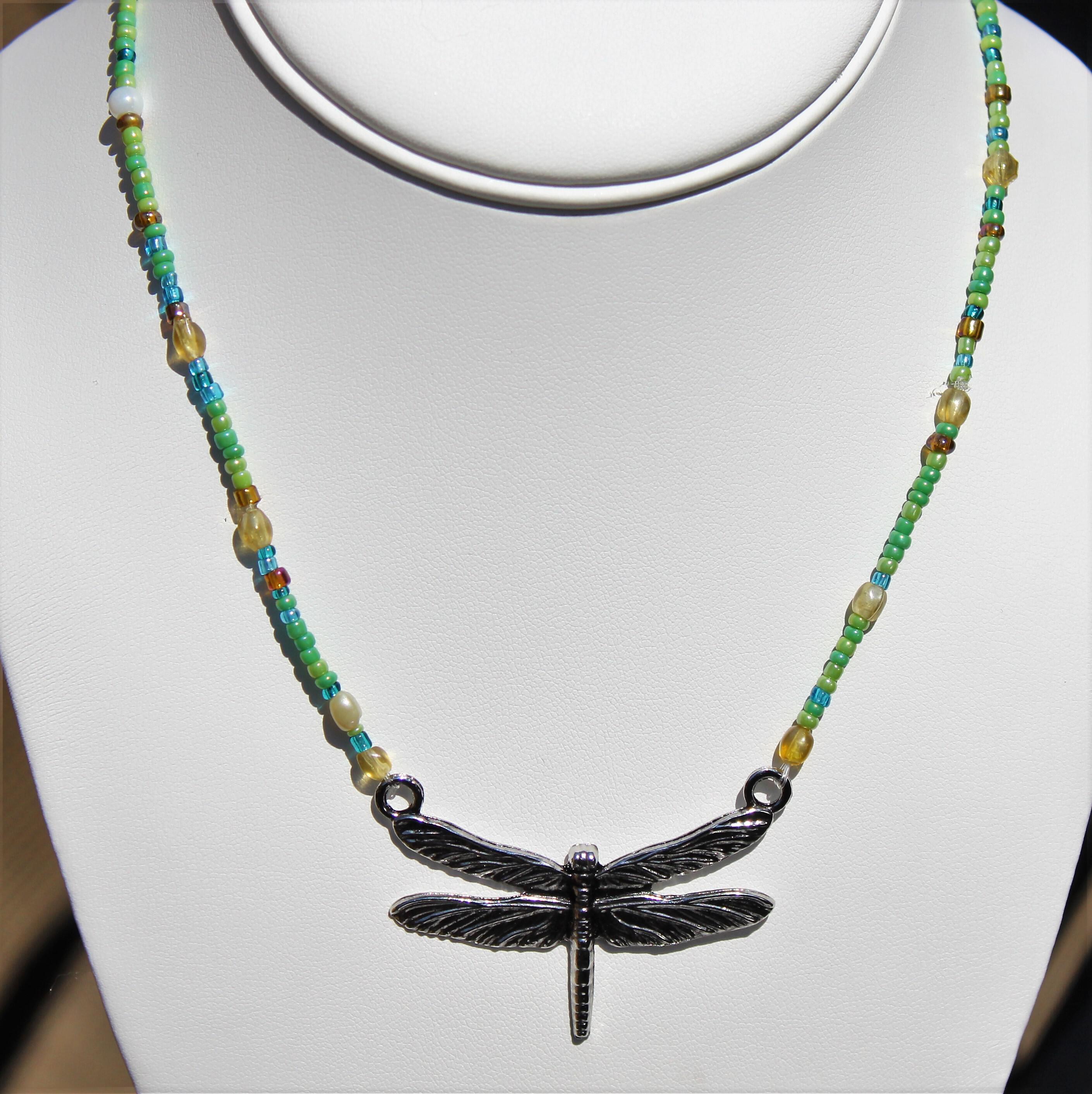 Beaded Dragonfly Necklace, Boho Dragonfly Necklace