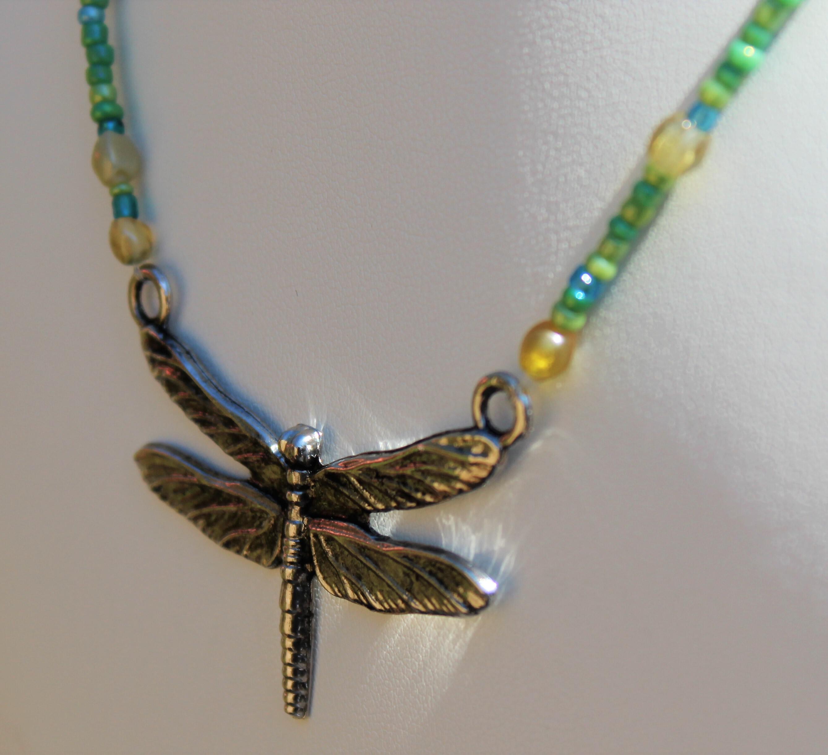 Beaded Dragonfly Necklace, Boho Dragonfly Necklace