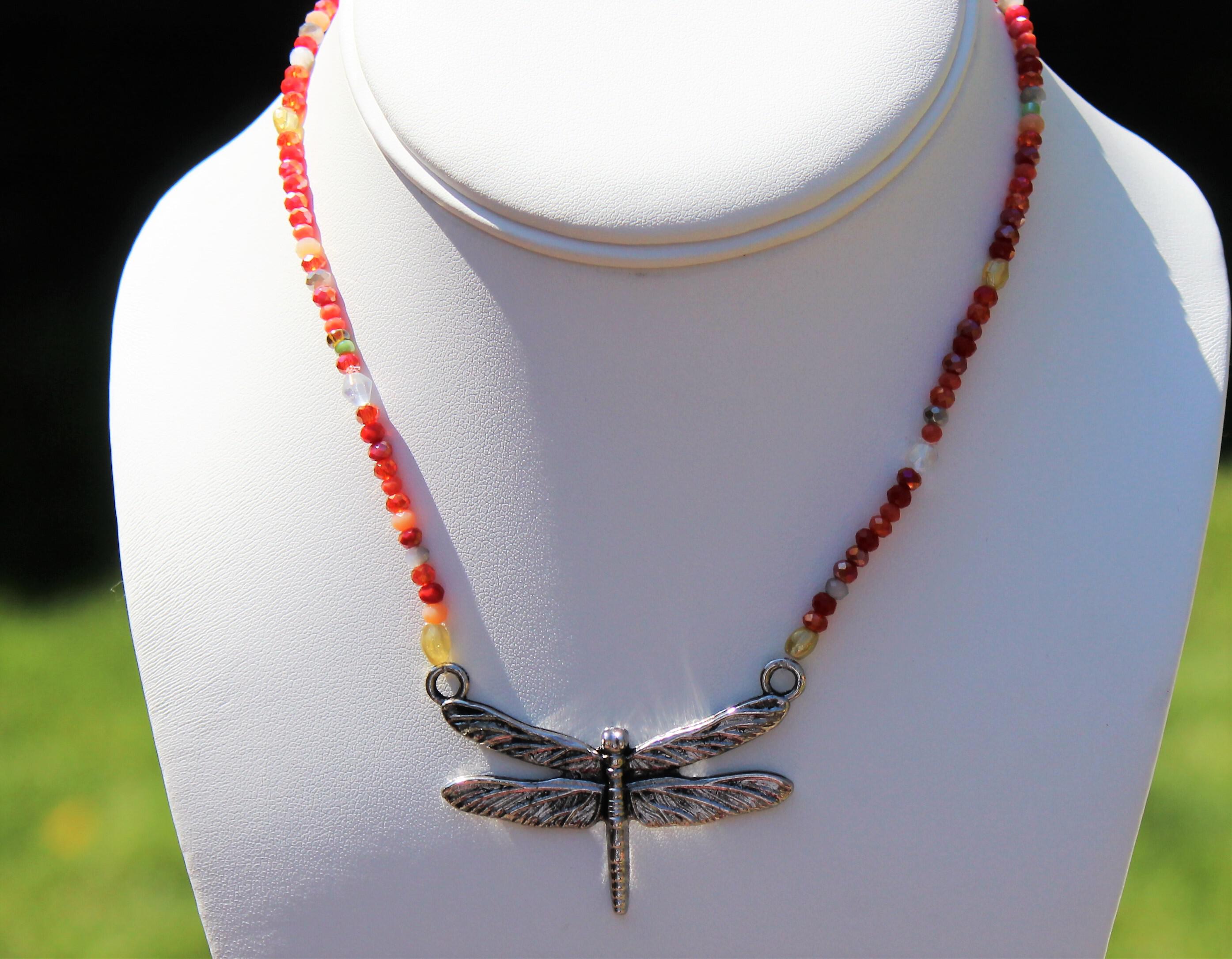 Beaded Dragonfly Necklace, Boho Dragonfly Necklace