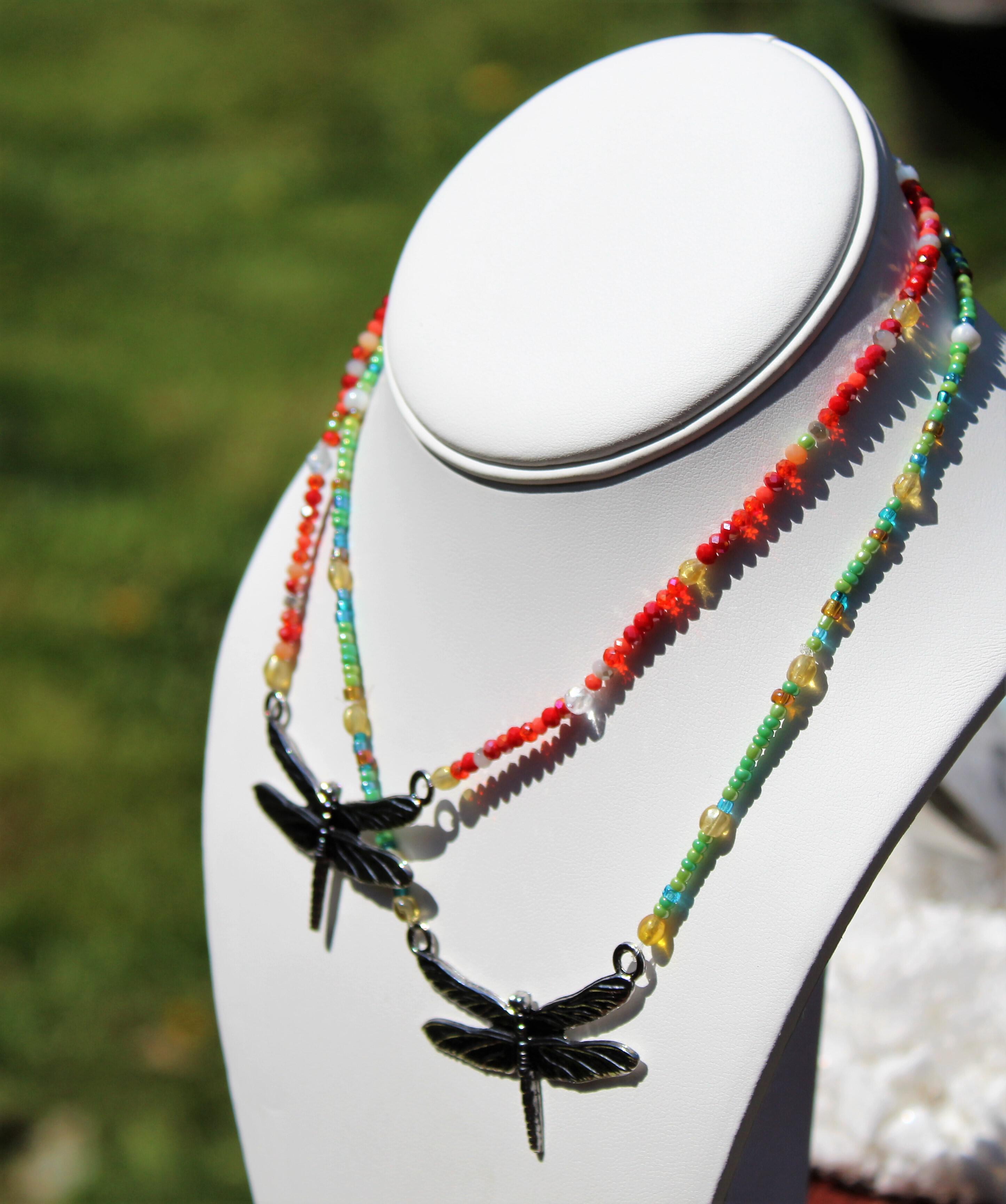 Beaded Dragonfly Necklace, Boho Dragonfly Necklace
