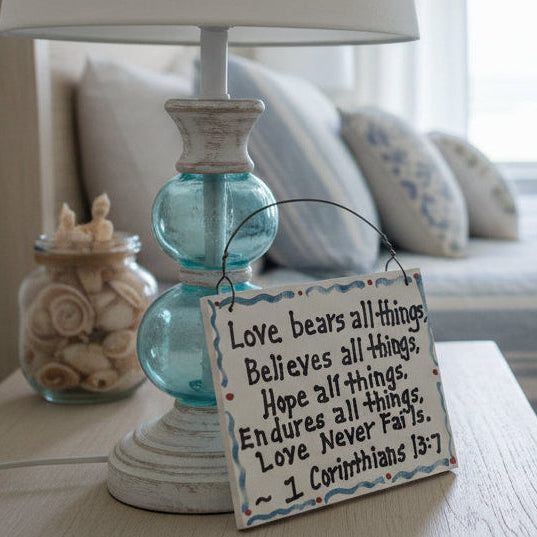 Hand-Painted "Love Never Fails" Scripture Plaque – 1 Corinthians 13:7