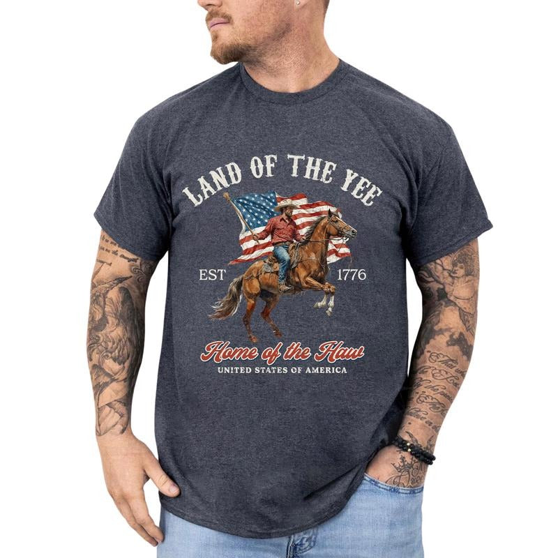 MAPTEES Land Of The Yee Home Of The Haw Graphic Tee, Western 4th Of July T-shirt For Men, United States Of America Shirt, American Flag Men Tee