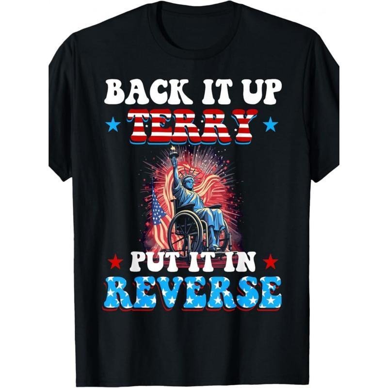 Men's Patriotic 'Back It Up Terry Put It In Reverse' T-Shirt -Retro 4th of July Design with Statue of Liberty & Fireworks, Crew Neck Short Sleeve, Durable Digital Print - Perfect for Independence Day Celebrations & Casual Wear, American Flag Accessories,
