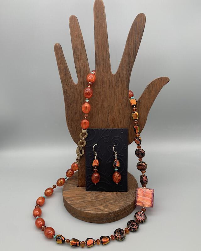 Necklace set | Sunset hues, Rufino Oro Italian rose gold focal bead, fiery orange red dichroic glass, vintage Lucite, amber, turquoise