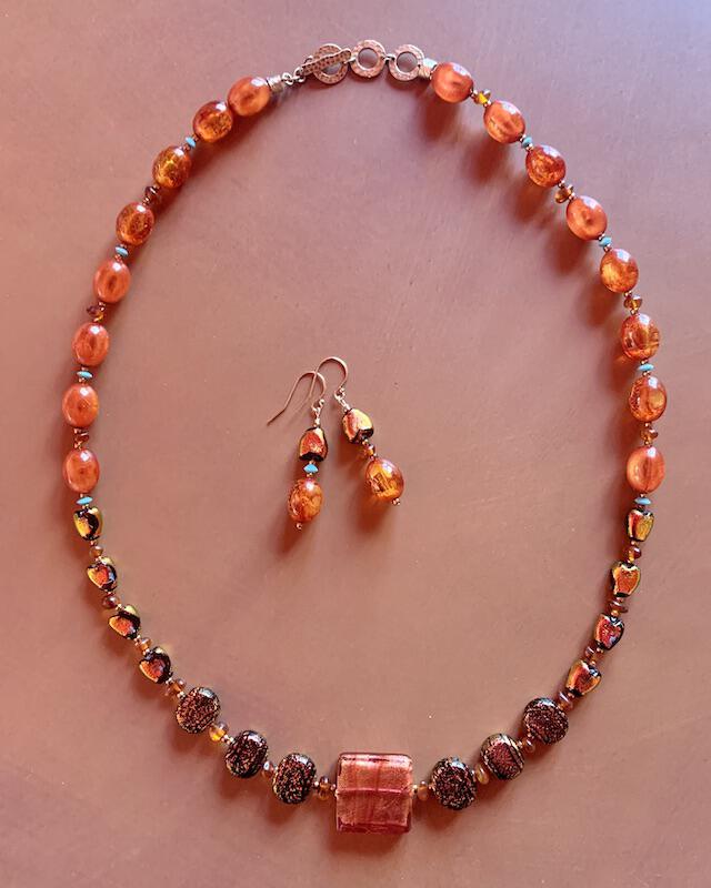 Necklace set | Sunset hues, Rufino Oro Italian rose gold focal bead, fiery orange red dichroic glass, vintage Lucite, amber, turquoise