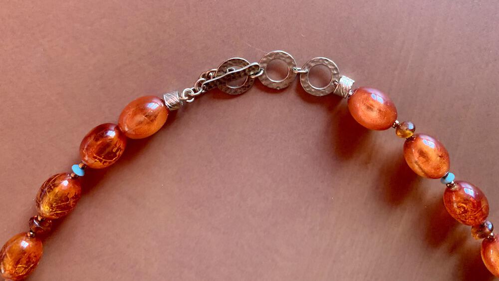 Necklace set | Sunset hues, Rufino Oro Italian rose gold focal bead, fiery orange red dichroic glass, vintage Lucite, amber, turquoise