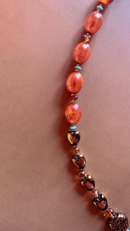 Necklace set | Sunset hues, Rufino Oro Italian rose gold focal bead, fiery orange red dichroic glass, vintage Lucite, amber, turquoise