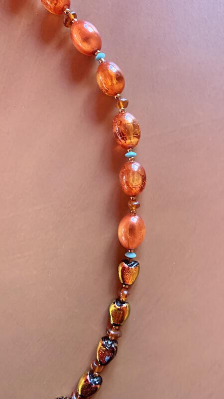 Necklace set | Sunset hues, Rufino Oro Italian rose gold focal bead, fiery orange red dichroic glass, vintage Lucite, amber, turquoise