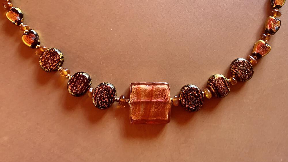 Necklace set | Sunset hues, Rufino Oro Italian rose gold focal bead, fiery orange red dichroic glass, vintage Lucite, amber, turquoise