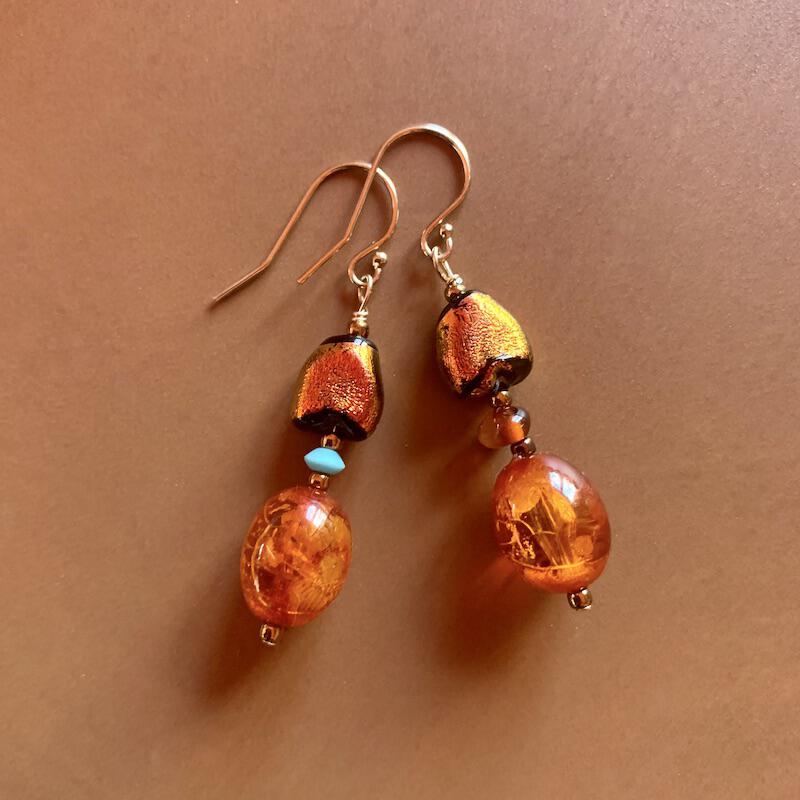 Necklace set | Sunset hues, Rufino Oro Italian rose gold focal bead, fiery orange red dichroic glass, vintage Lucite, amber, turquoise