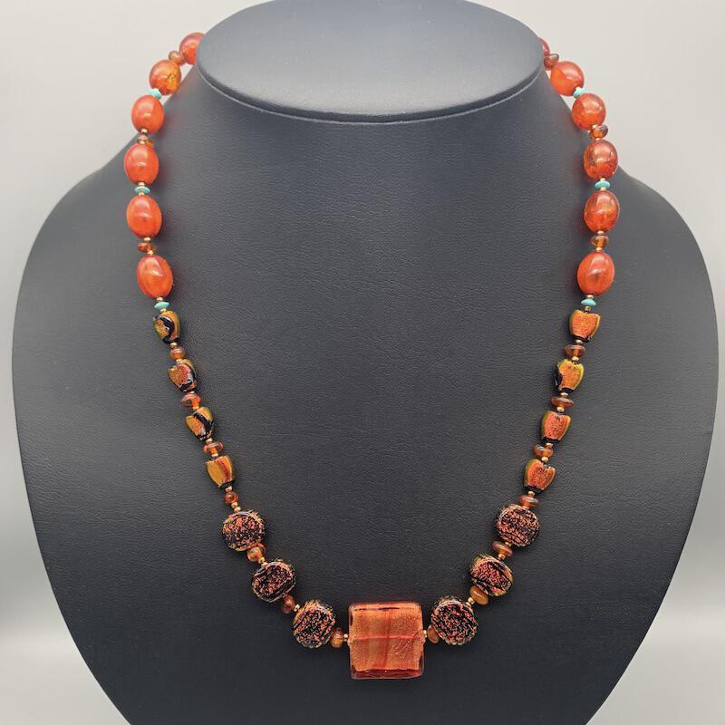 Necklace set | Sunset hues, Rufino Oro Italian rose gold focal bead, fiery orange red dichroic glass, vintage Lucite, amber, turquoise
