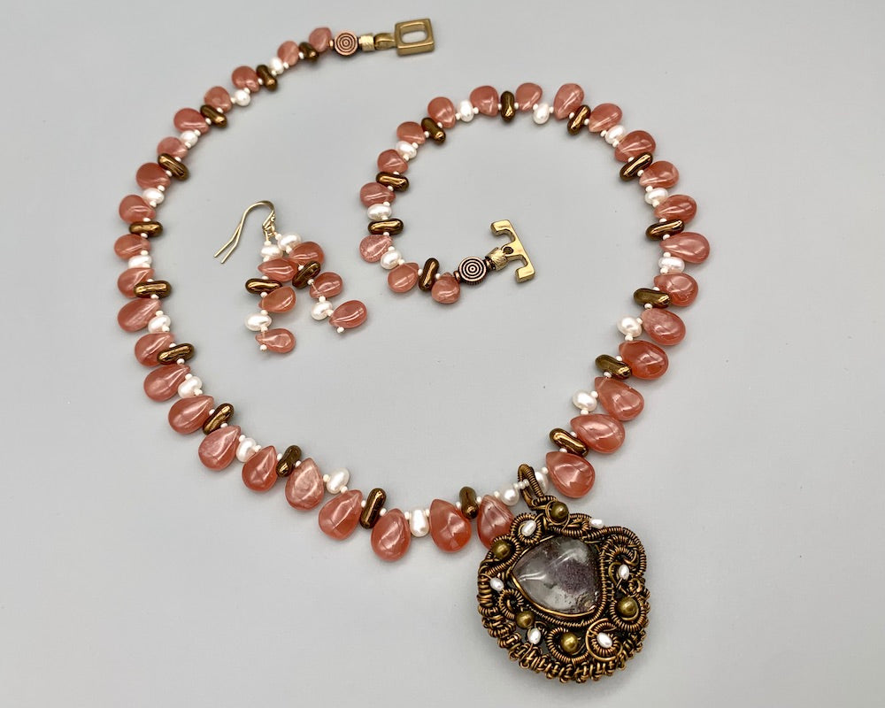 Necklace set | Artisan wire-wrapped quartz/lodolite pendant, rhodochrosite teardrops, freshwater pearls, vintage glass beads