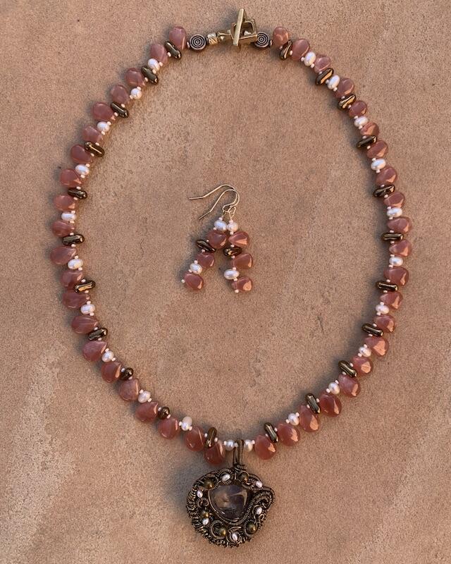 Necklace set | Artisan wire-wrapped quartz/lodolite pendant, rhodochrosite teardrops, freshwater pearls, vintage glass beads