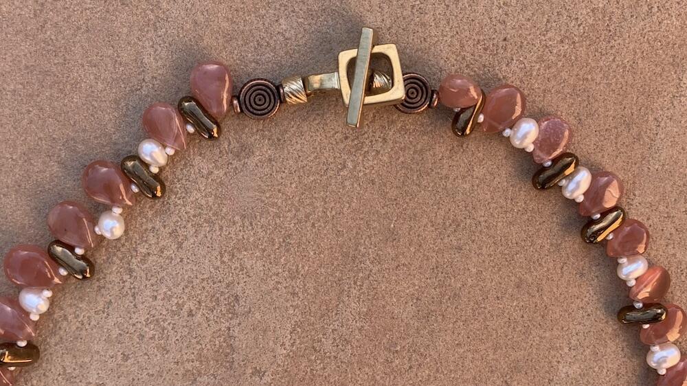Necklace set | Artisan wire-wrapped quartz/lodolite pendant, rhodochrosite teardrops, freshwater pearls, vintage glass beads