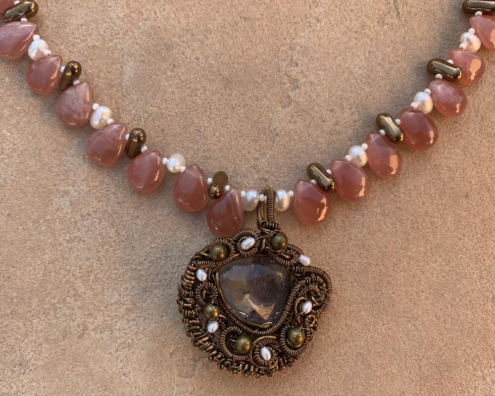 Necklace set | Artisan wire-wrapped quartz/lodolite pendant, rhodochrosite teardrops, freshwater pearls, vintage glass beads