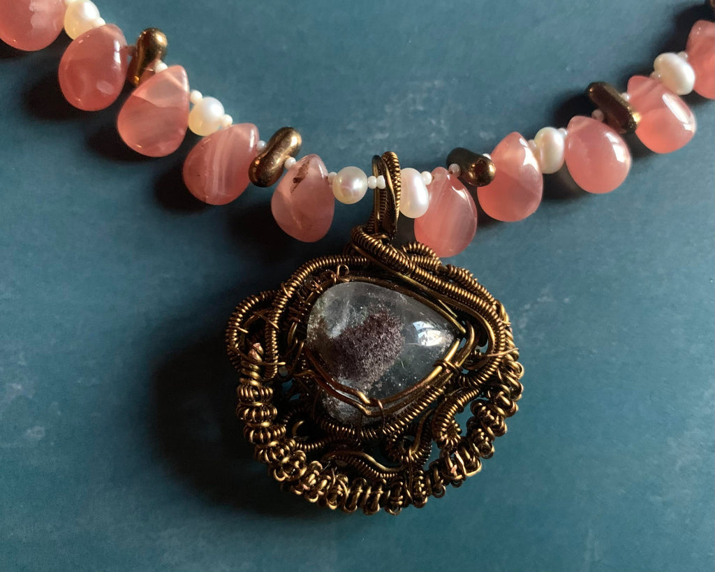 Necklace set | Artisan wire-wrapped quartz/lodolite pendant, rhodochrosite teardrops, freshwater pearls, vintage glass beads