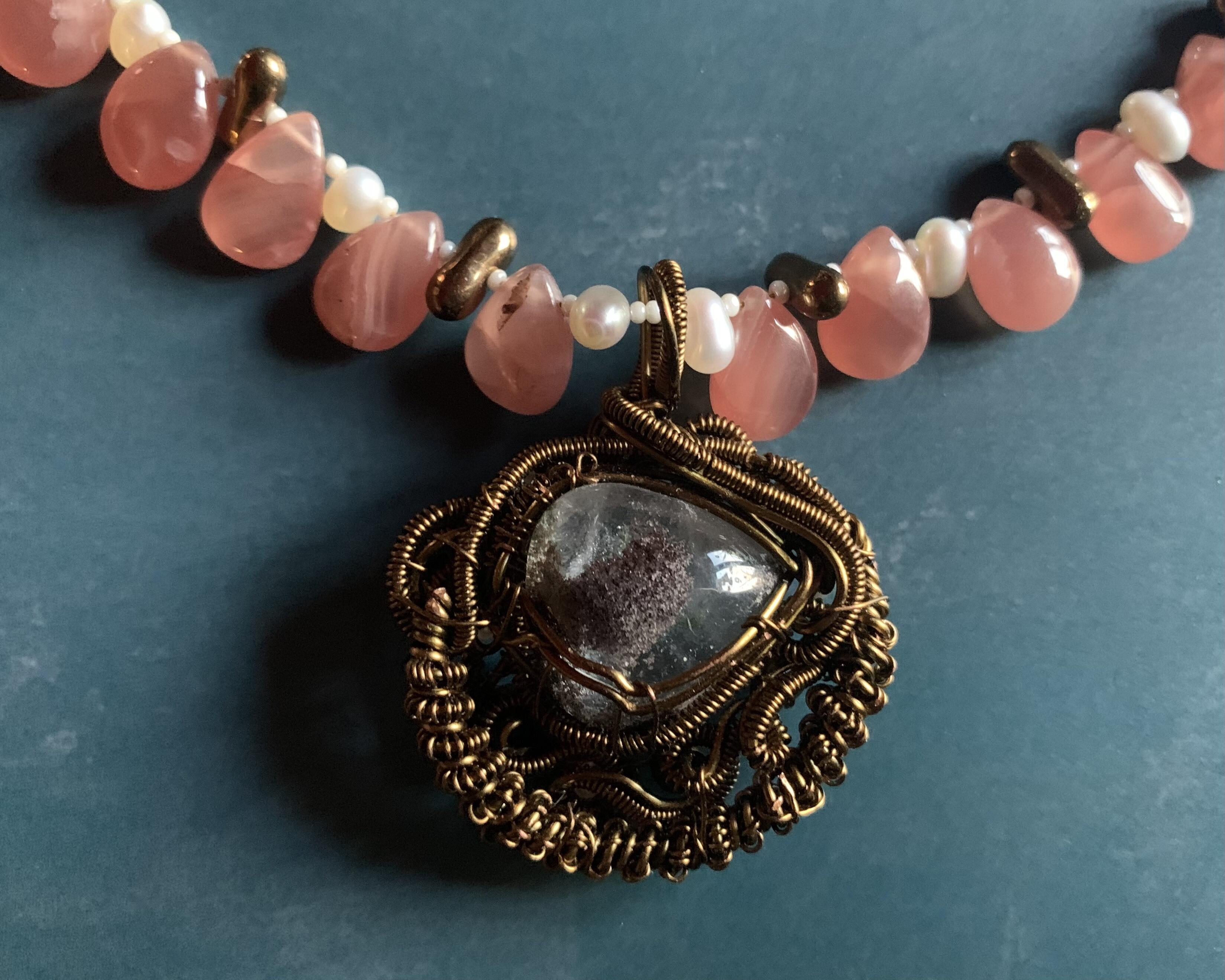 Necklace set | Artisan wire-wrapped quartz/lodolite pendant, rhodochrosite teardrops, freshwater pearls, vintage glass beads