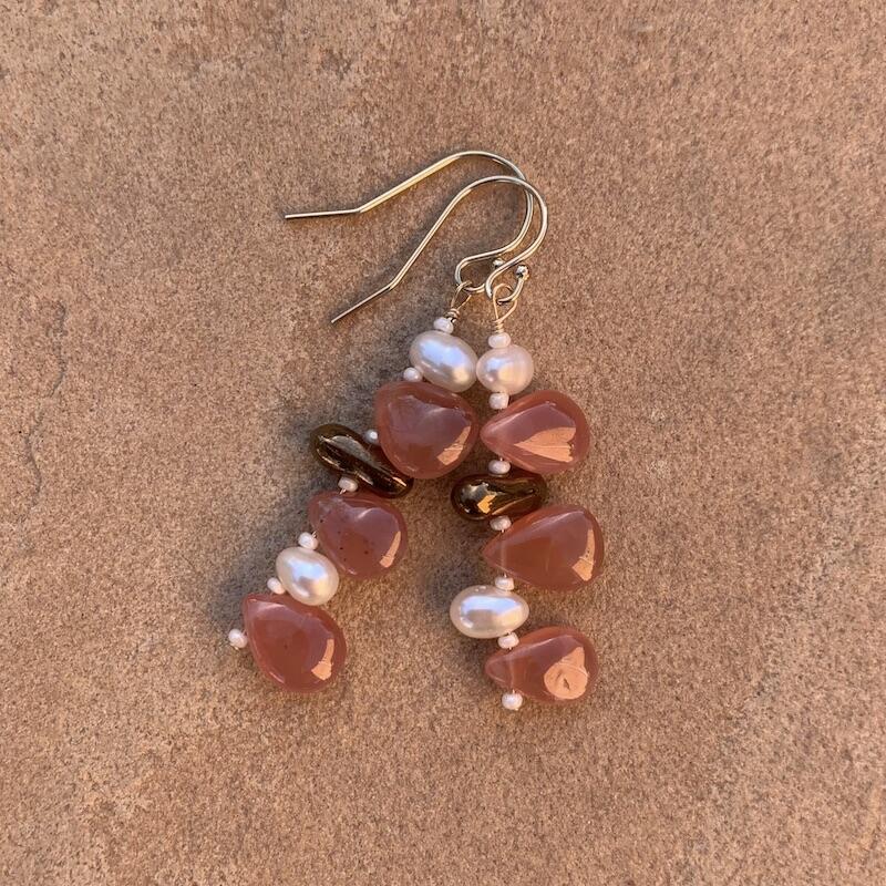 Necklace set | Artisan wire-wrapped quartz/lodolite pendant, rhodochrosite teardrops, freshwater pearls, vintage glass beads