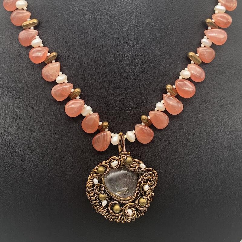 Necklace set | Artisan wire-wrapped quartz/lodolite pendant, rhodochrosite teardrops, freshwater pearls, vintage glass beads