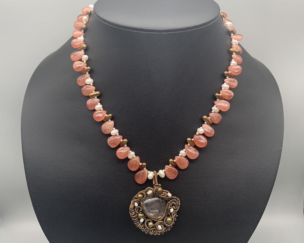 Necklace set | Artisan wire-wrapped quartz/lodolite pendant, rhodochrosite teardrops, freshwater pearls, vintage glass beads