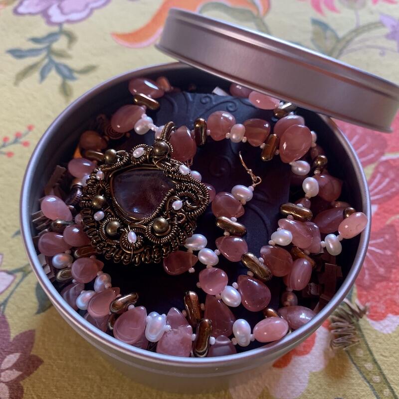 Necklace set | Artisan wire-wrapped quartz/lodolite pendant, rhodochrosite teardrops, freshwater pearls, vintage glass beads