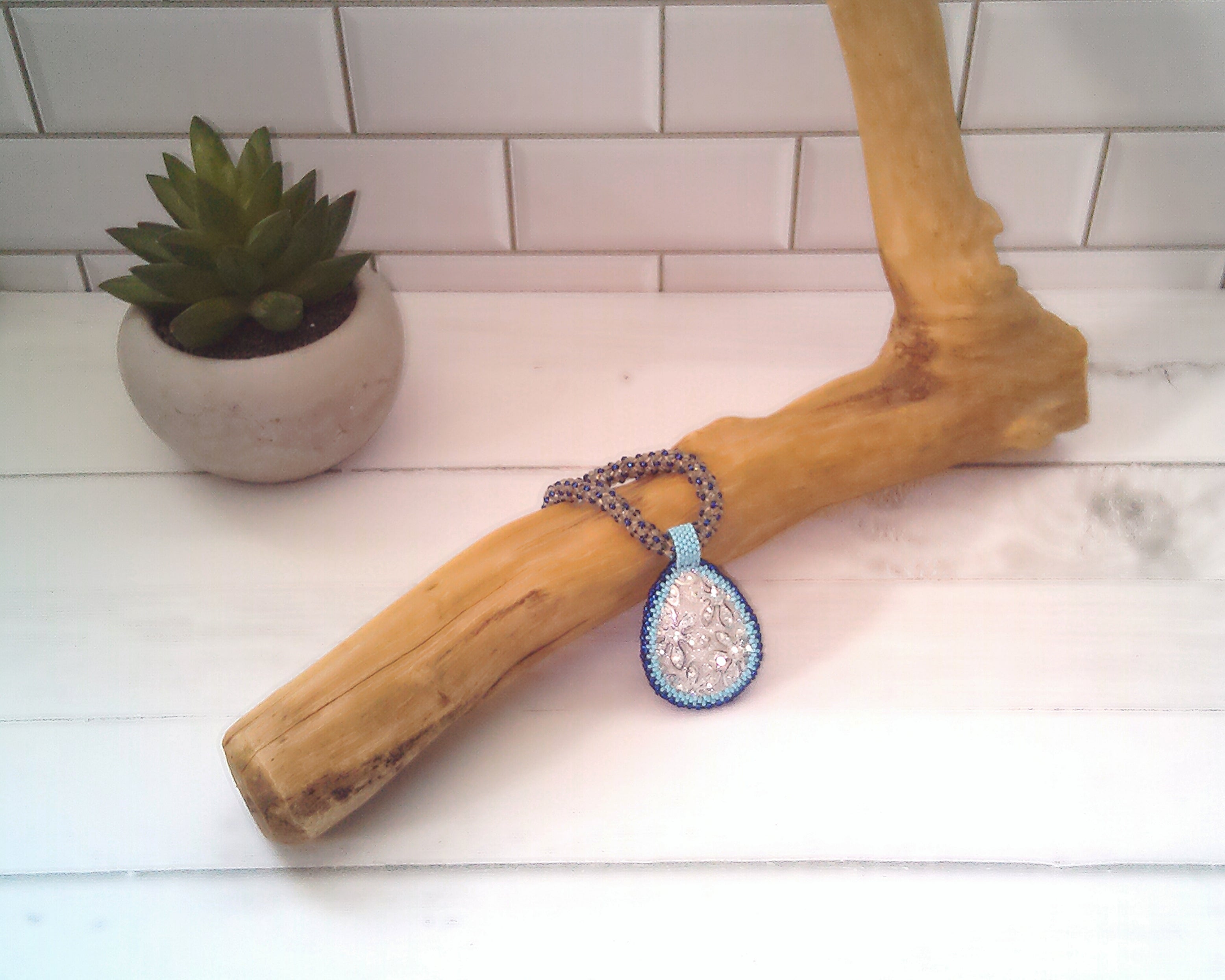 Beaded Necklace with Silver Acrylic Pendant, Chenille Stitch Bead Work, 19 Inch